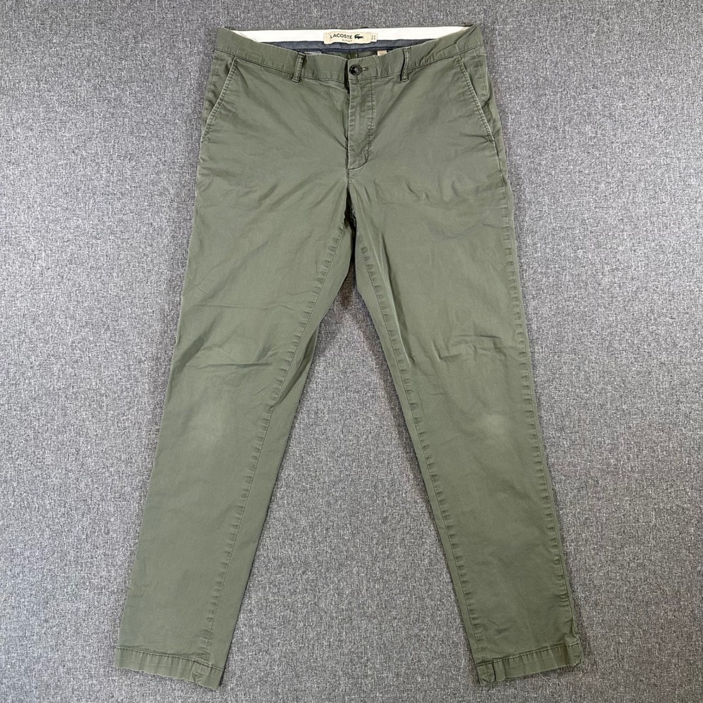 Lacoste Mens Slim Fit Chino Pants Olive Green Cotton Stretch Casual Trousers 36